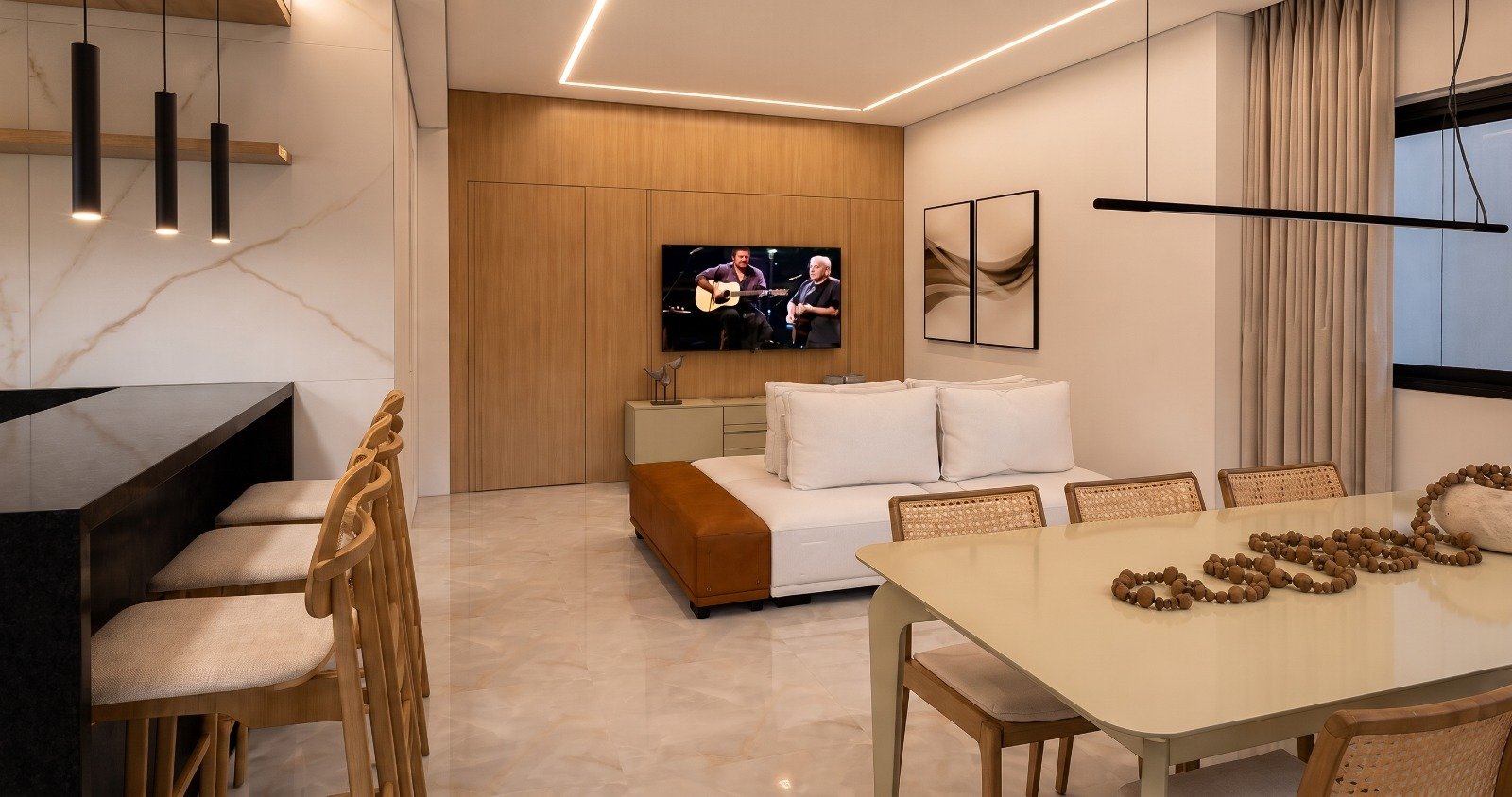 Render de sala e cozinha por Laudiene Souza — perspectiva 1